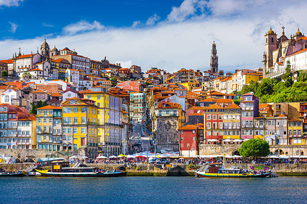 Porto, portugal old town skyline from across the douro river.